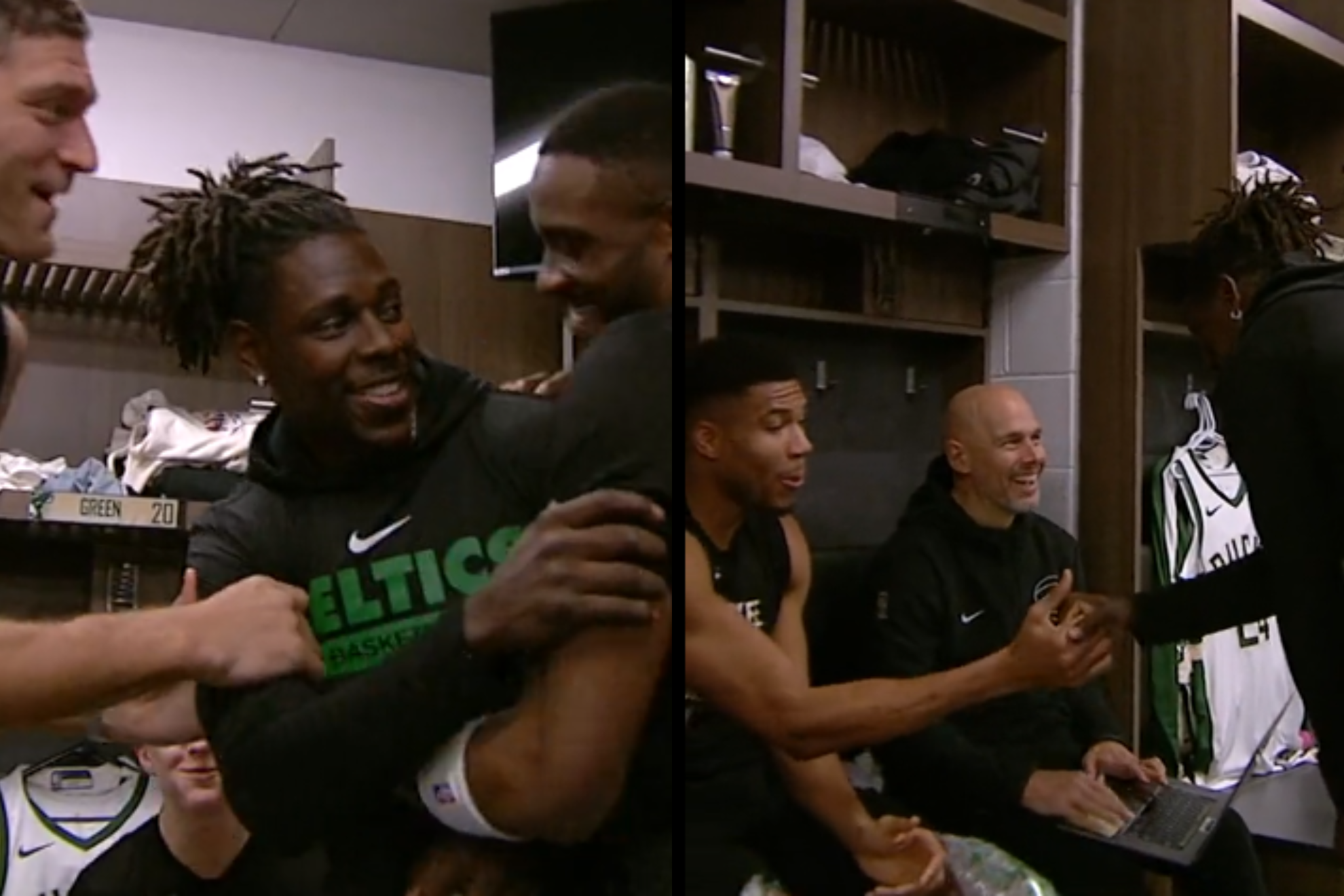 Jrue Holiday (in "Celtics" sweater) greets his former Milwaukee teammates, including Giannis Antetokounmpo.